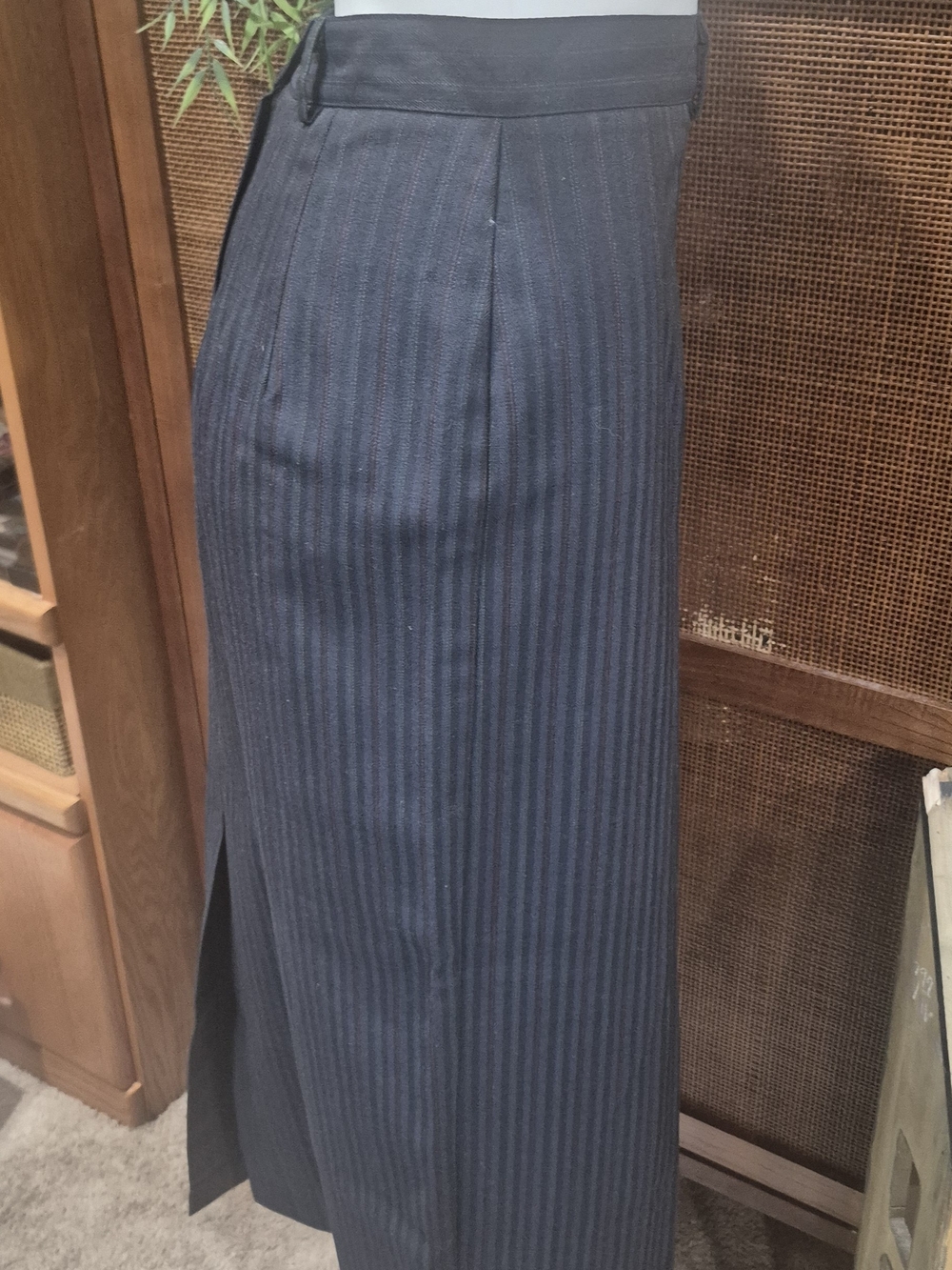 Navy Pinstripe Maxi Skirt with Side Slit
